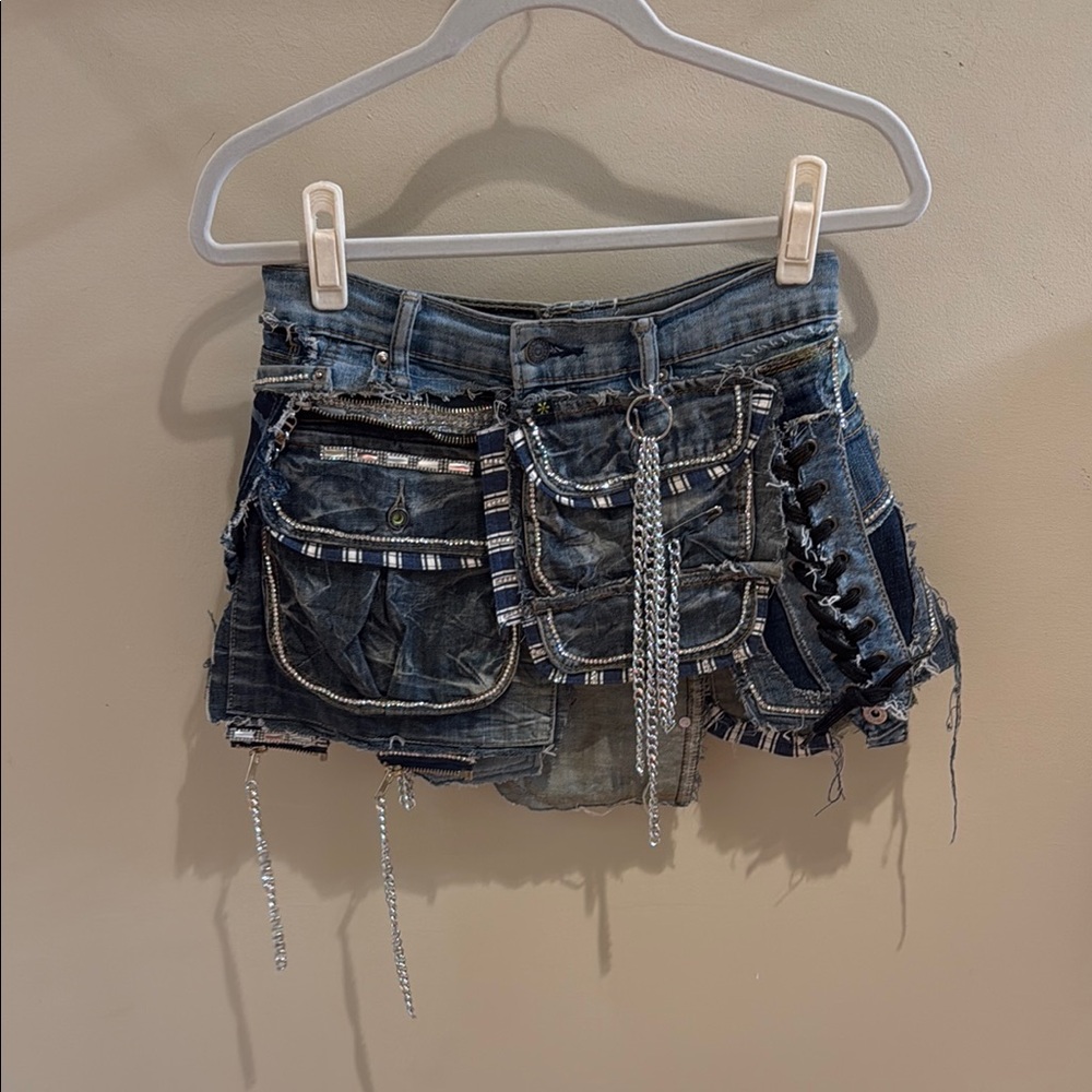 Denim Mini Skirt with Chains and Lace-Up Detail